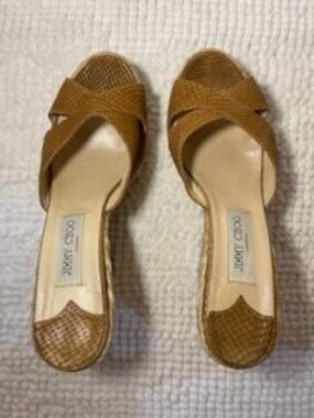 Jimmy Choo Woven Tan Cross‑Strap Slide Mules